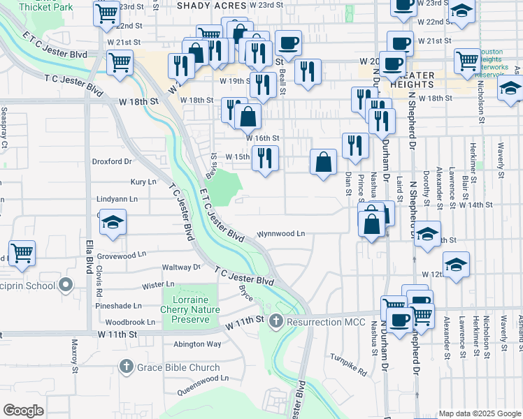 map of restaurants, bars, coffee shops, grocery stores, and more near 2009 West 14th Street in Houston