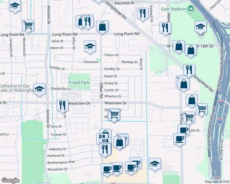 map of restaurants, bars, coffee shops, grocery stores, and more near 6525 Corbin Street in Houston
