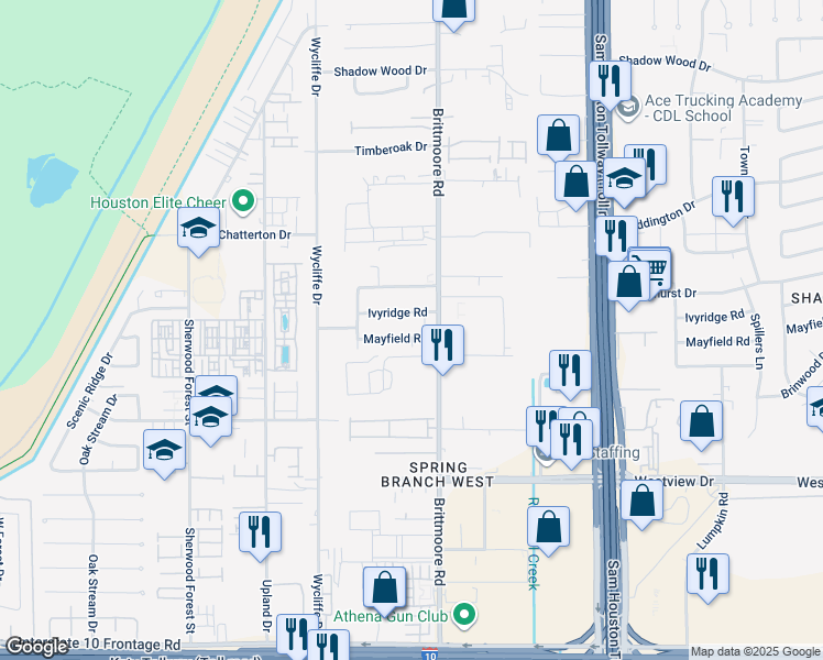 map of restaurants, bars, coffee shops, grocery stores, and more near 10918 Mayfield Road in Houston