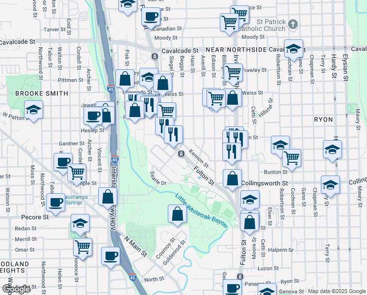 map of restaurants, bars, coffee shops, grocery stores, and more near 3812 Beggs Street in Houston
