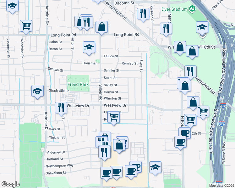 map of restaurants, bars, coffee shops, grocery stores, and more near 6525 Corbin Street in Houston