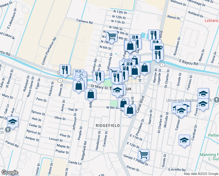 map of restaurants, bars, coffee shops, grocery stores, and more near 314 Saint Mary Street in Thibodaux