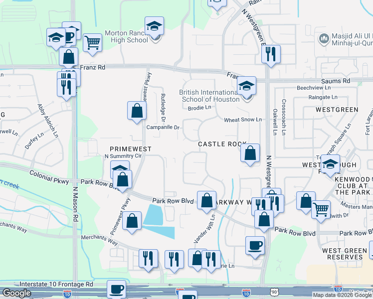 map of restaurants, bars, coffee shops, grocery stores, and more near 2111 Wildbrook Canyon Lane in Katy
