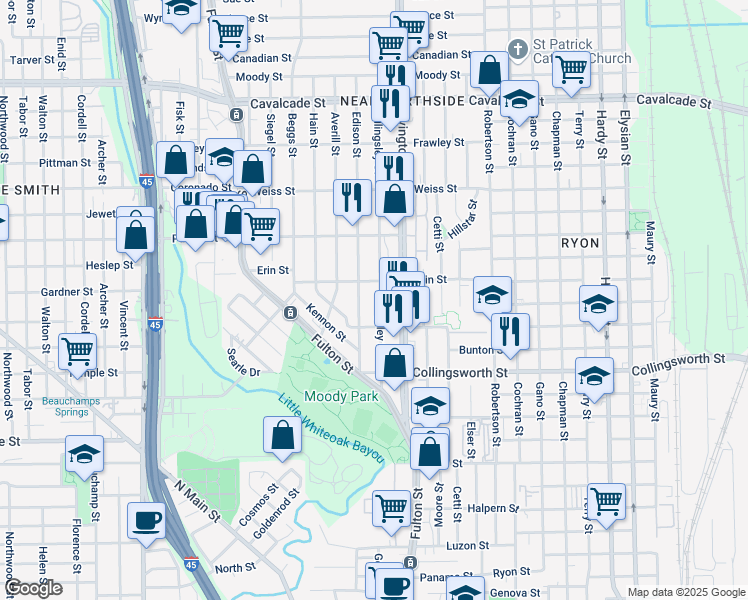 map of restaurants, bars, coffee shops, grocery stores, and more near 3924 Edison Street in Houston