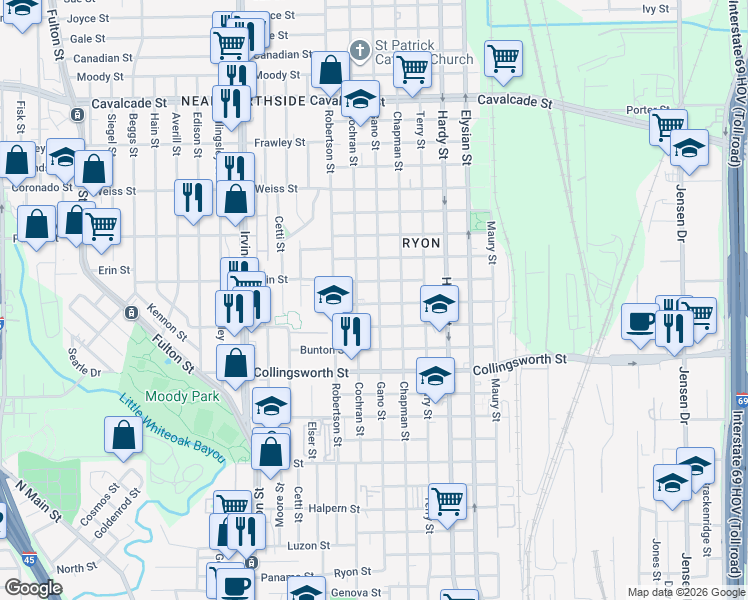 map of restaurants, bars, coffee shops, grocery stores, and more near 3906 Gano Street in Houston