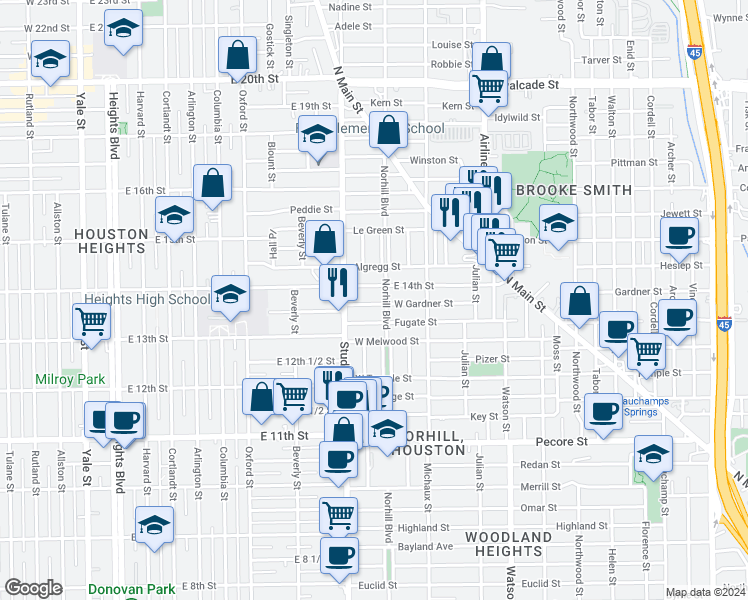 map of restaurants, bars, coffee shops, grocery stores, and more near 1111 West Gardner Street in Houston