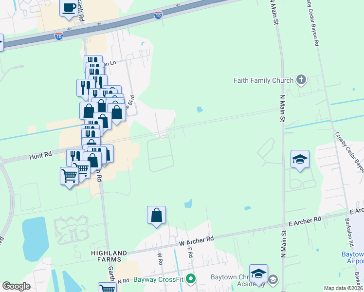 map of restaurants, bars, coffee shops, grocery stores, and more near 6623 Farm to Market Road 1942 in Baytown