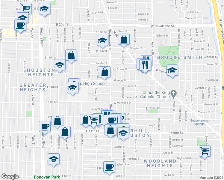 map of restaurants, bars, coffee shops, grocery stores, and more near 1331 Studewood Street in Houston