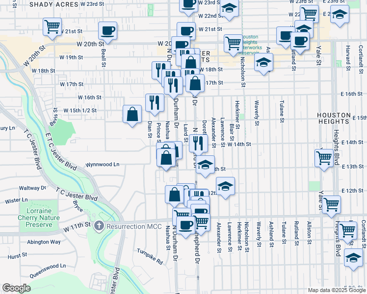 map of restaurants, bars, coffee shops, grocery stores, and more near 1325 West 14th Street in Houston