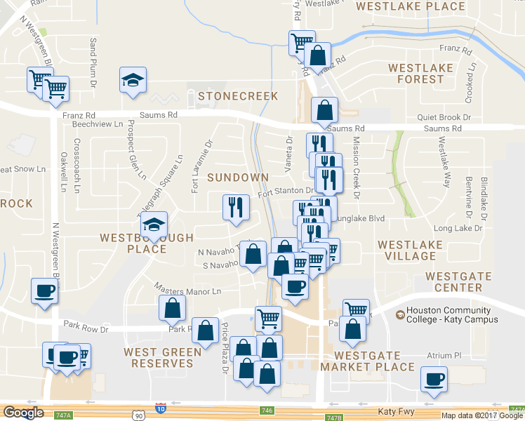 map of restaurants, bars, coffee shops, grocery stores, and more near 2014 East Pecos Valley Trail in Katy