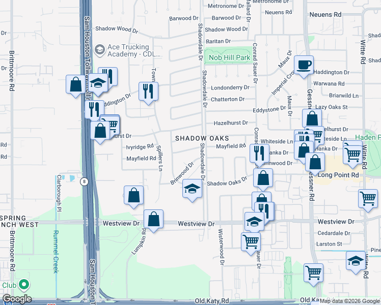 map of restaurants, bars, coffee shops, grocery stores, and more near 10411 Mayfield Road in Houston