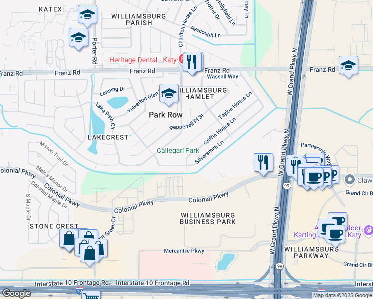 map of restaurants, bars, coffee shops, grocery stores, and more near 24139 Tayloe House Lane in Katy