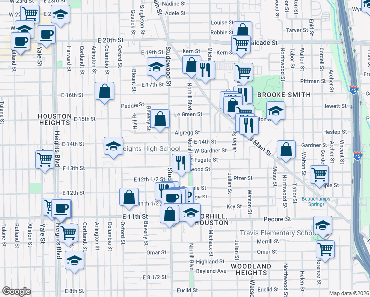 map of restaurants, bars, coffee shops, grocery stores, and more near 1111 West Gardner Street in Houston