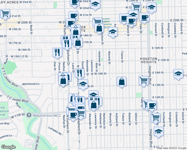 map of restaurants, bars, coffee shops, grocery stores, and more near 908 West 14th Street in Houston