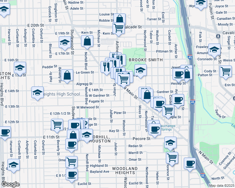 map of restaurants, bars, coffee shops, grocery stores, and more near 4308 Julian Street in Houston