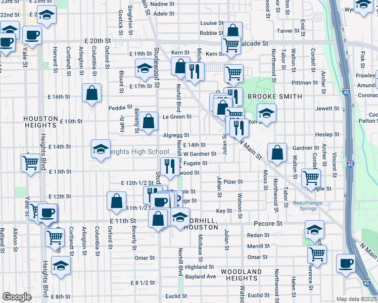 map of restaurants, bars, coffee shops, grocery stores, and more near 1015 West Gardner Street in Houston