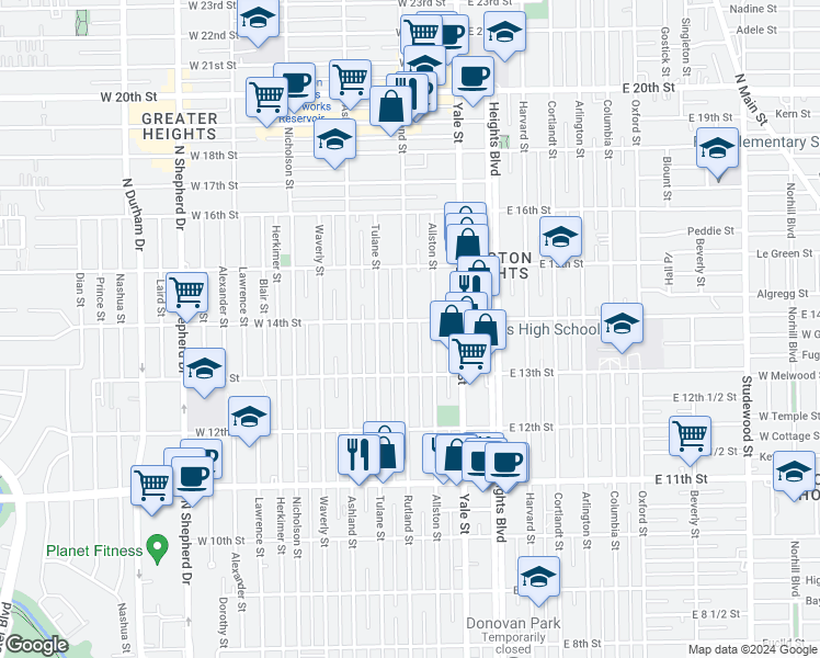 map of restaurants, bars, coffee shops, grocery stores, and more near 1343 Rutland Street in Houston
