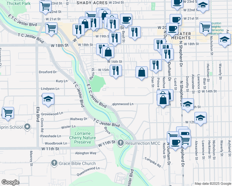 map of restaurants, bars, coffee shops, grocery stores, and more near 2009 West 14th Street in Houston