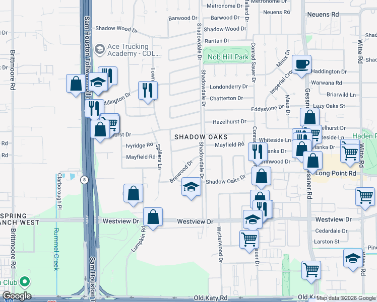 map of restaurants, bars, coffee shops, grocery stores, and more near 10411 Mayfield Road in Houston