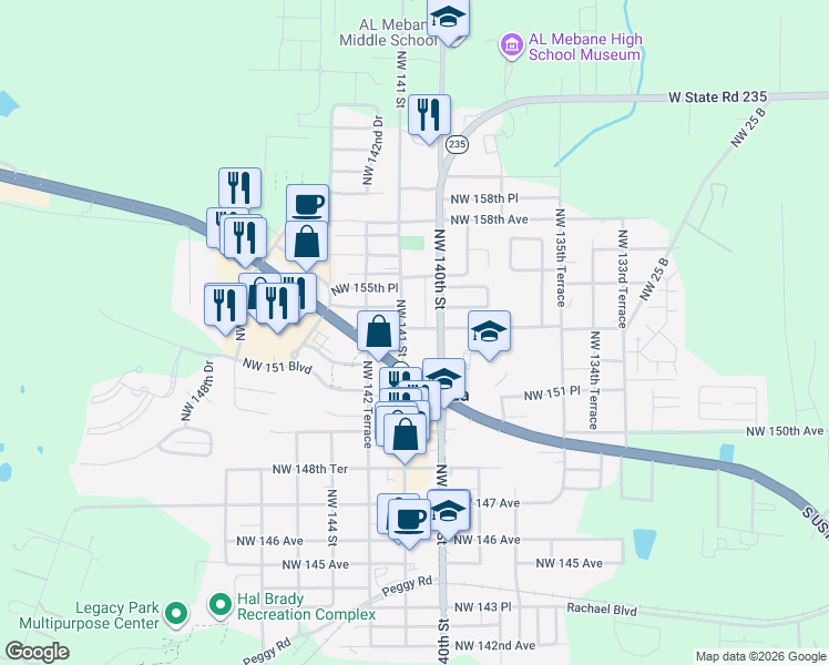 map of restaurants, bars, coffee shops, grocery stores, and more near 15321 Northwest 141 Street in Alachua