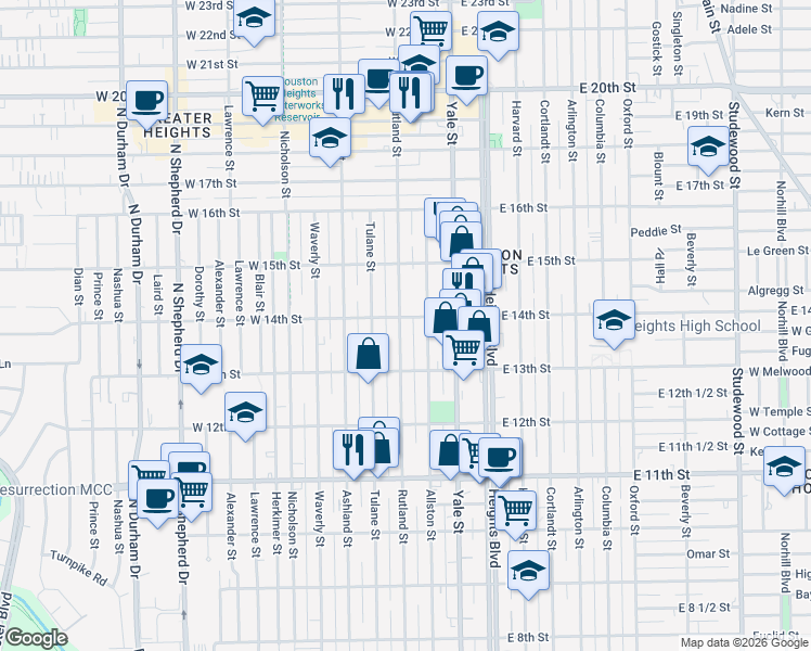 map of restaurants, bars, coffee shops, grocery stores, and more near 1343 Rutland Street in Houston