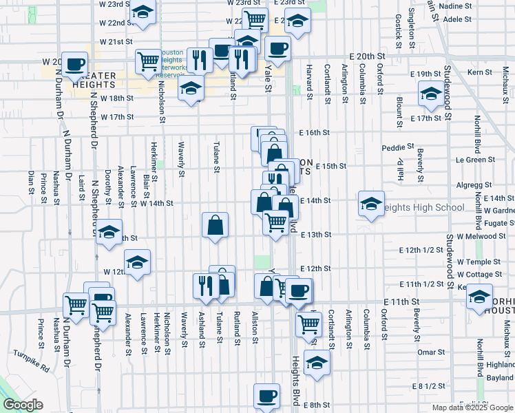 map of restaurants, bars, coffee shops, grocery stores, and more near 1342 Allston Street in Houston