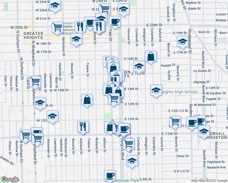 map of restaurants, bars, coffee shops, grocery stores, and more near in Houston