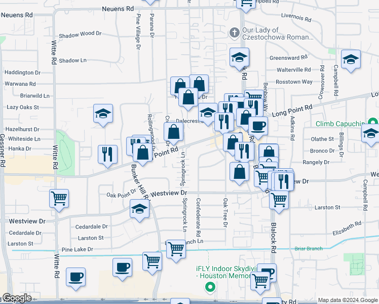 map of restaurants, bars, coffee shops, grocery stores, and more near 9655 Long Point Road in Houston
