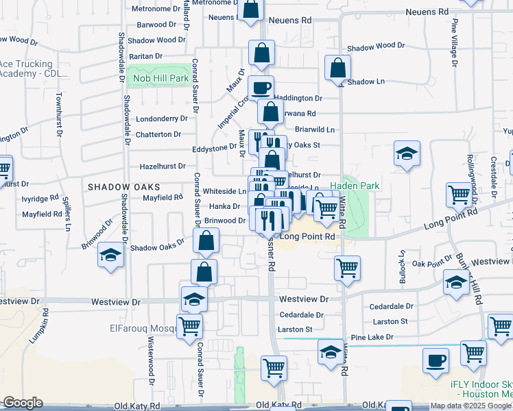 map of restaurants, bars, coffee shops, grocery stores, and more near 1422 Maux Drive in Houston