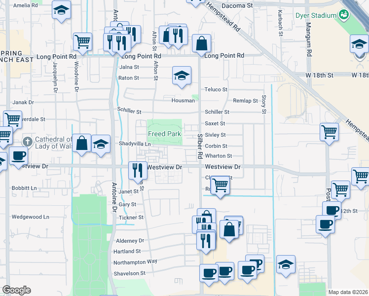 map of restaurants, bars, coffee shops, grocery stores, and more near 6734 Sussex Manor Street in Houston