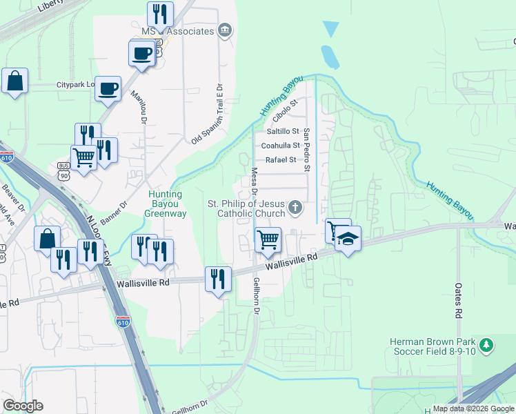 map of restaurants, bars, coffee shops, grocery stores, and more near 960 Aguila Street in Houston