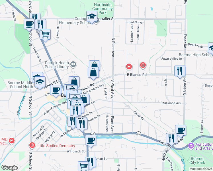 map of restaurants, bars, coffee shops, grocery stores, and more near 114 South Plant Avenue in Boerne