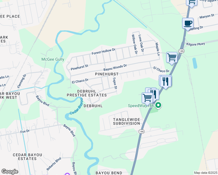 map of restaurants, bars, coffee shops, grocery stores, and more near 7103 Chickasaw Street in Baytown