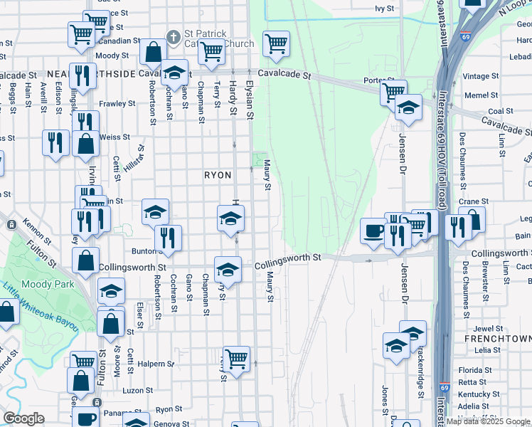 map of restaurants, bars, coffee shops, grocery stores, and more near 3901 Maury Street in Houston
