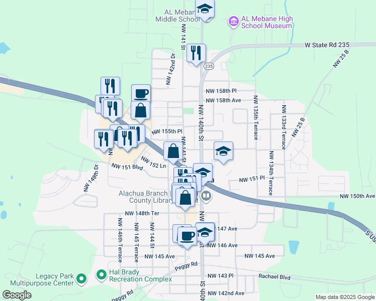 map of restaurants, bars, coffee shops, grocery stores, and more near 15321 Northwest 141 Street in Alachua
