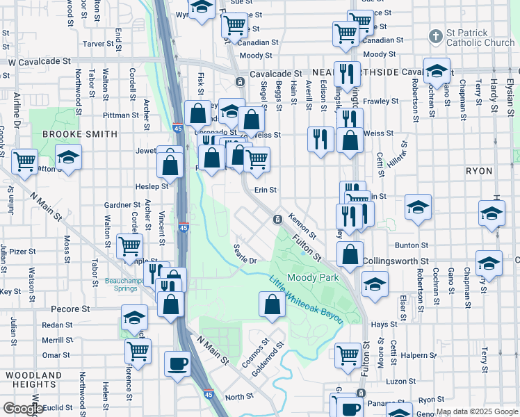 map of restaurants, bars, coffee shops, grocery stores, and more near 3917 Fulton Street in Houston