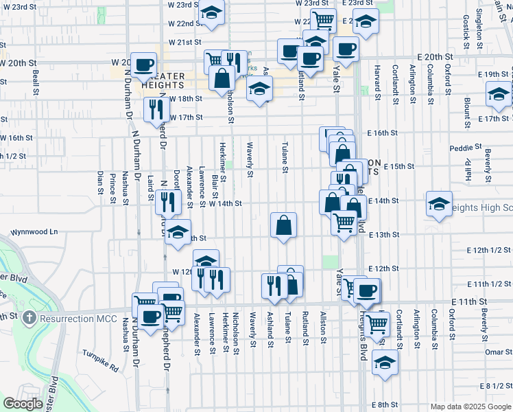 map of restaurants, bars, coffee shops, grocery stores, and more near 1348 Waverly Street in Houston