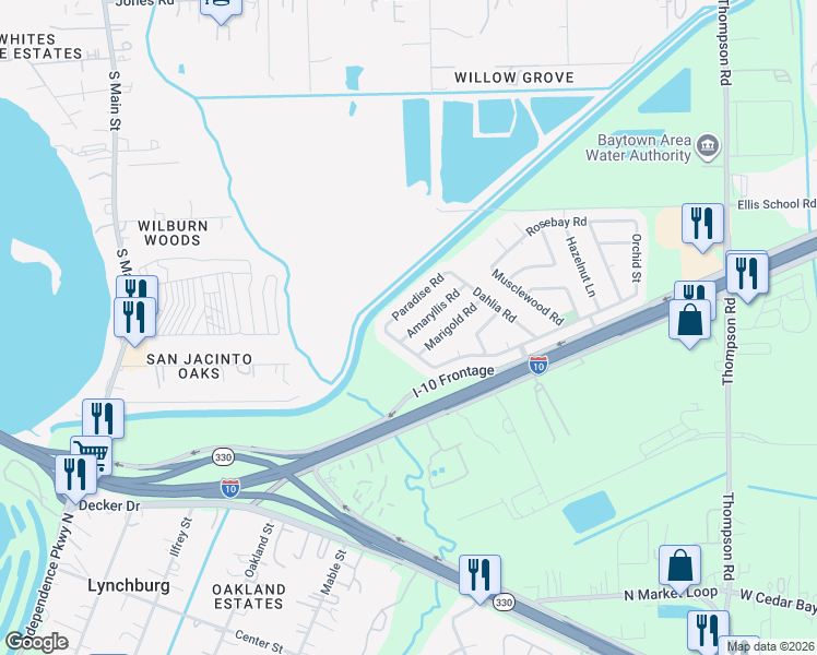 map of restaurants, bars, coffee shops, grocery stores, and more near 815 Amaryllis Road in Baytown