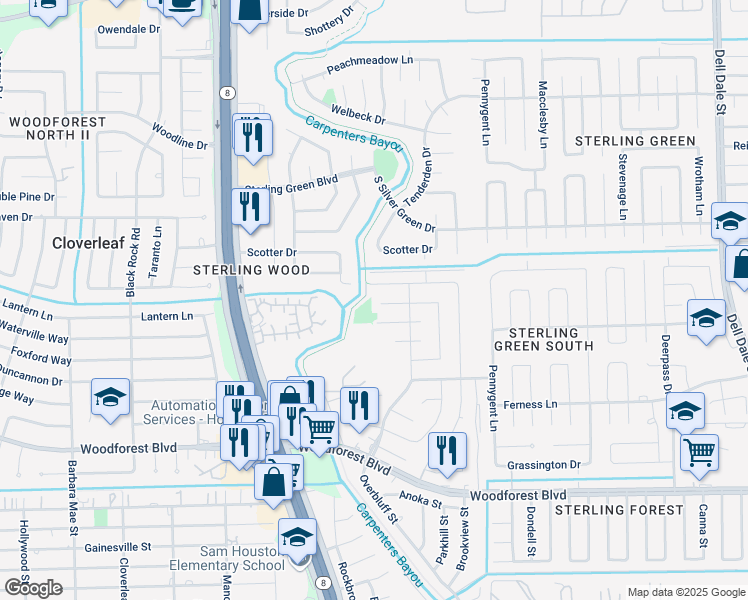 map of restaurants, bars, coffee shops, grocery stores, and more near 14903 Dunster Ln in Channelview