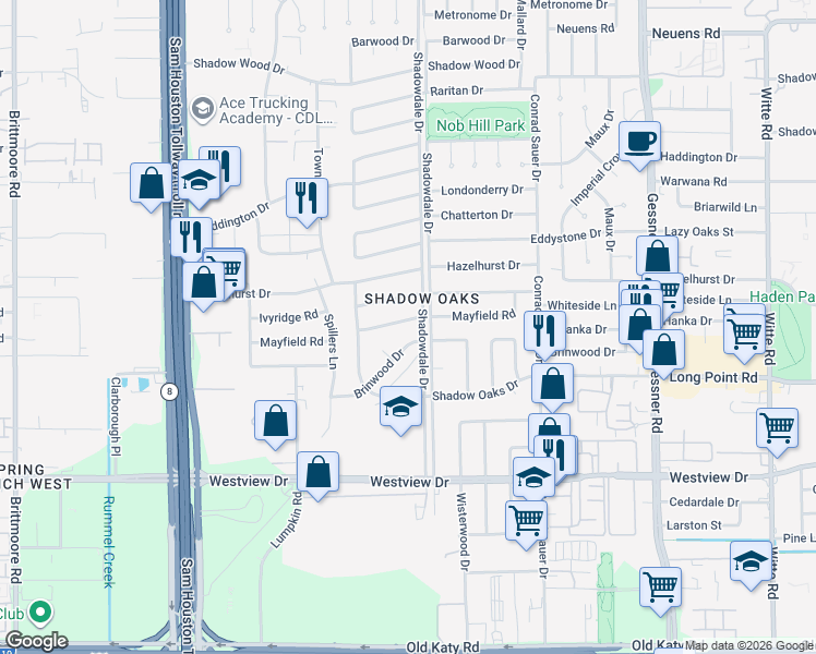 map of restaurants, bars, coffee shops, grocery stores, and more near 10411 Mayfield Road in Houston
