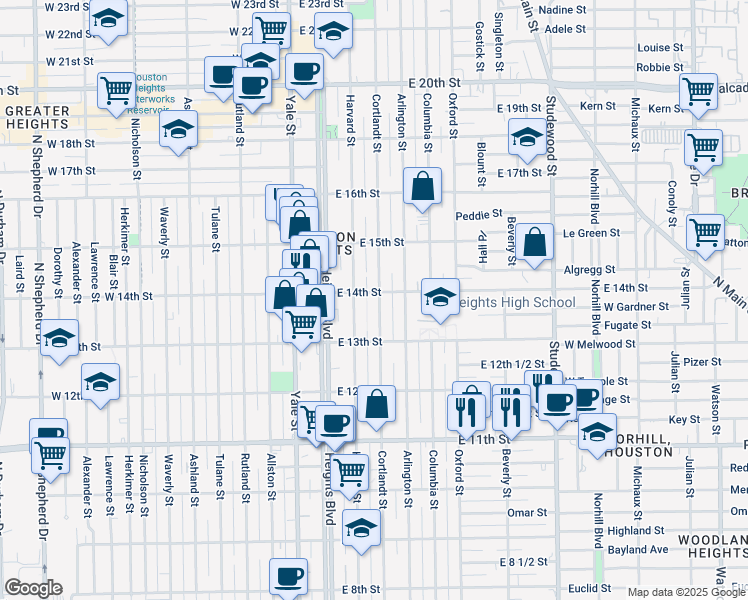 map of restaurants, bars, coffee shops, grocery stores, and more near 1341 Cortlandt Street in Houston