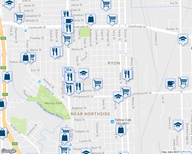 map of restaurants, bars, coffee shops, grocery stores, and more near 3907 Cochran Street in Houston
