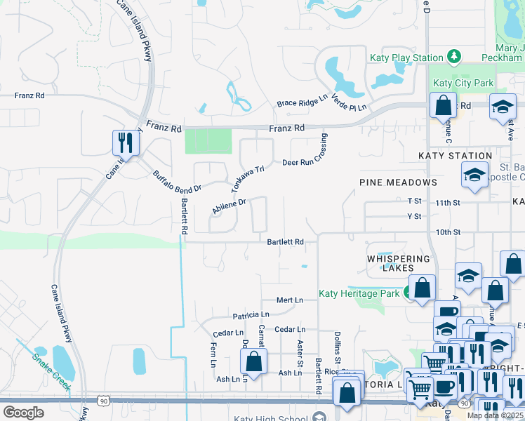 map of restaurants, bars, coffee shops, grocery stores, and more near 1707 Quail Ridge Drive in Katy