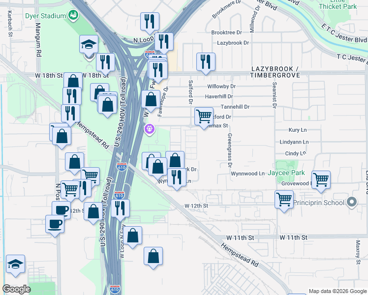 map of restaurants, bars, coffee shops, grocery stores, and more near 1421 Biondo Way in Houston