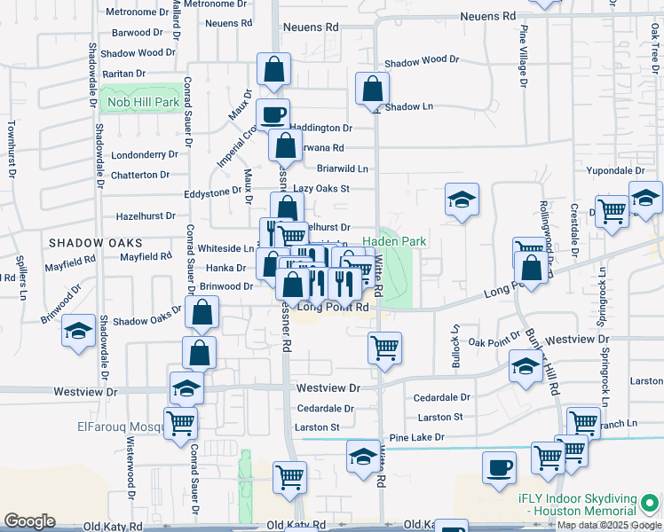 map of restaurants, bars, coffee shops, grocery stores, and more near 1422 Southwick Street in Houston