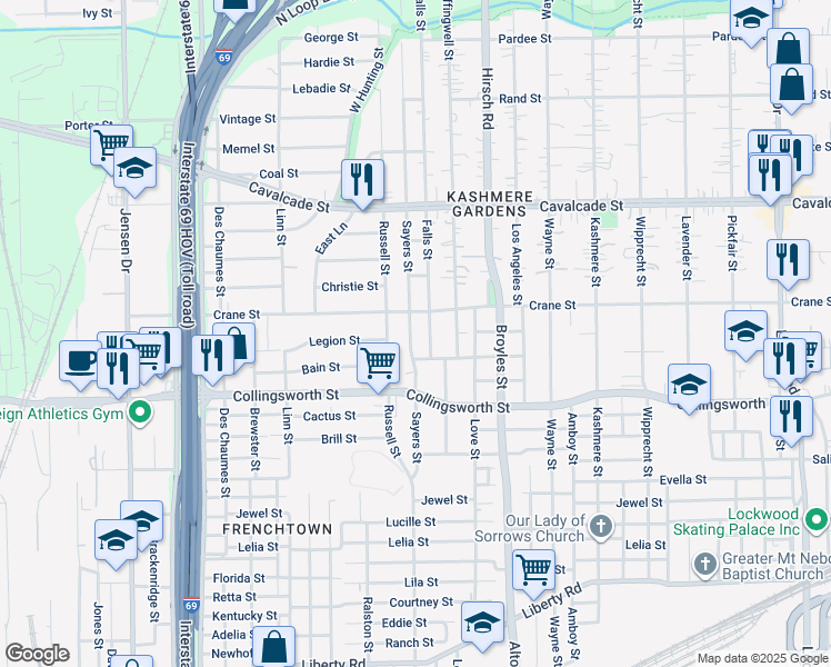 map of restaurants, bars, coffee shops, grocery stores, and more near 3914 Sayers Street in Houston