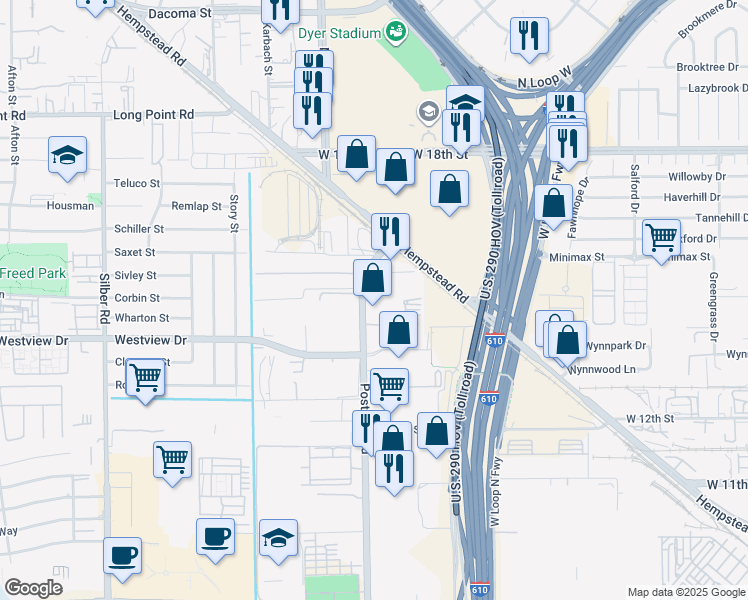 map of restaurants, bars, coffee shops, grocery stores, and more near 1430 North Post Oak Road in Houston