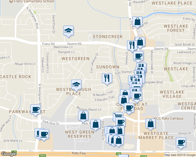 map of restaurants, bars, coffee shops, grocery stores, and more near 20079 Crazy Horse Circle in Katy
