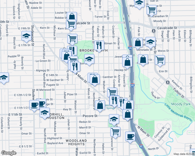 map of restaurants, bars, coffee shops, grocery stores, and more near 517 Tabor Street in Houston