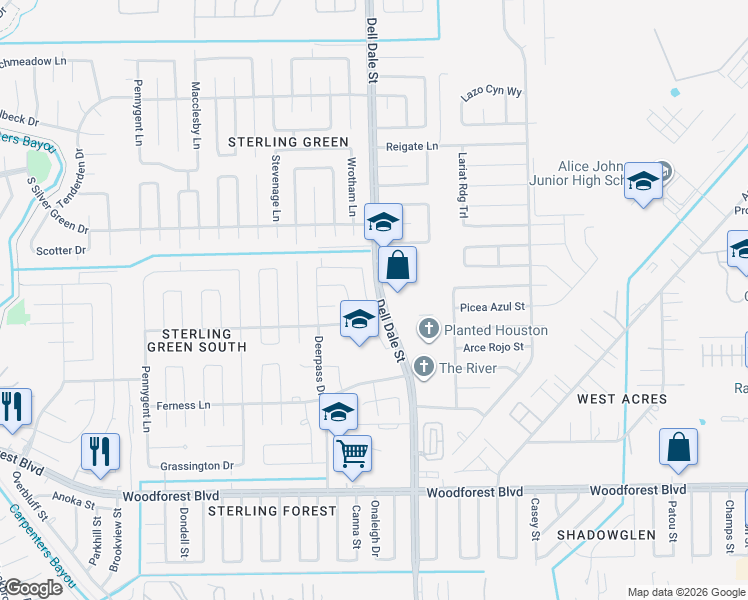 map of restaurants, bars, coffee shops, grocery stores, and more near 1114 Fairlane Square in Channelview